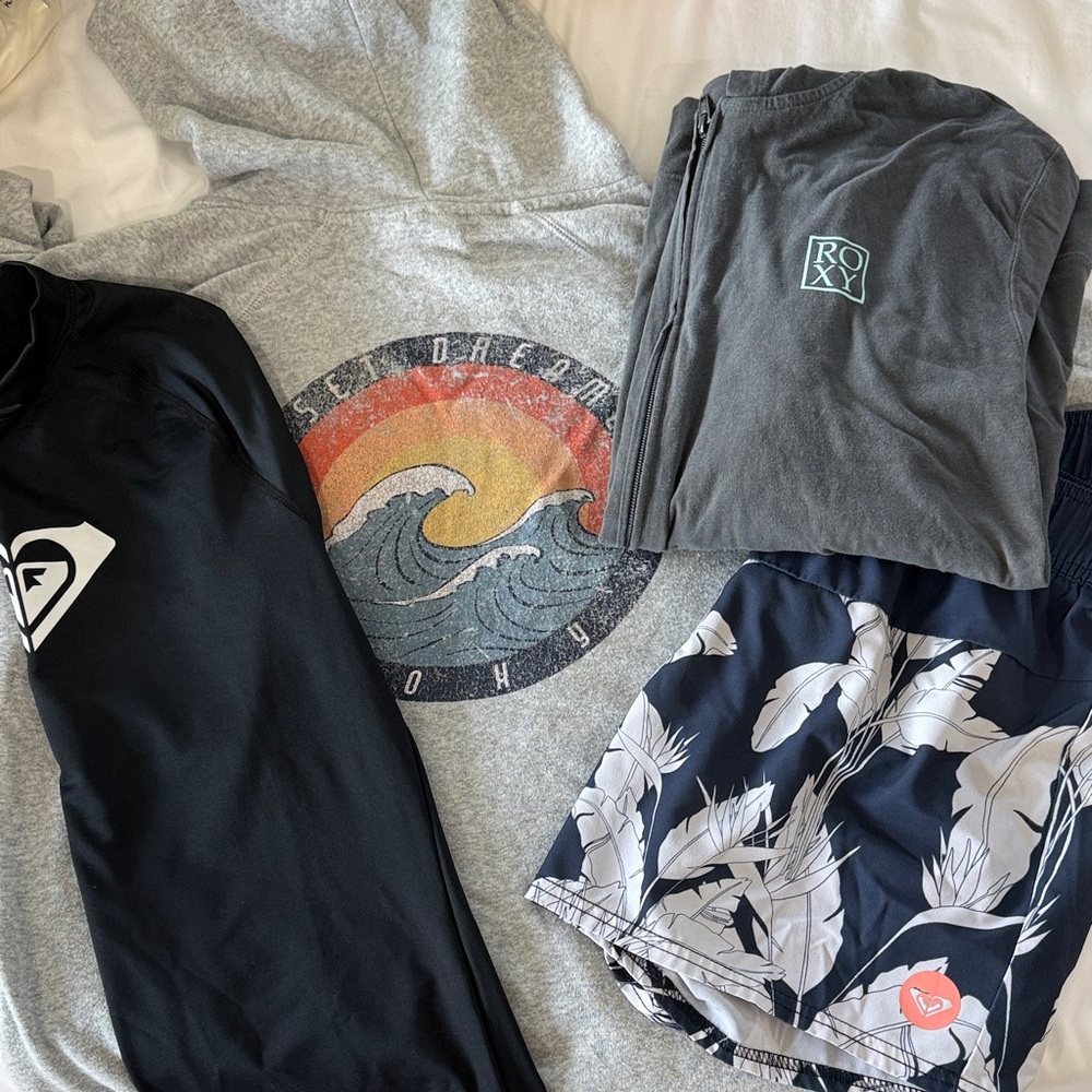 Teen Girl’s Roxy Bundle! 2 Gray Hoodie’s,  Black Rash Guard and Board Shorts